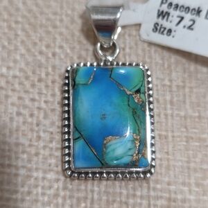 Silver and Peacock Dahlia Turquoise Pendant